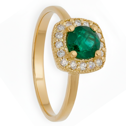 Anillo Isabella Oro 18K con Esmeralda y Orla de Diamantes