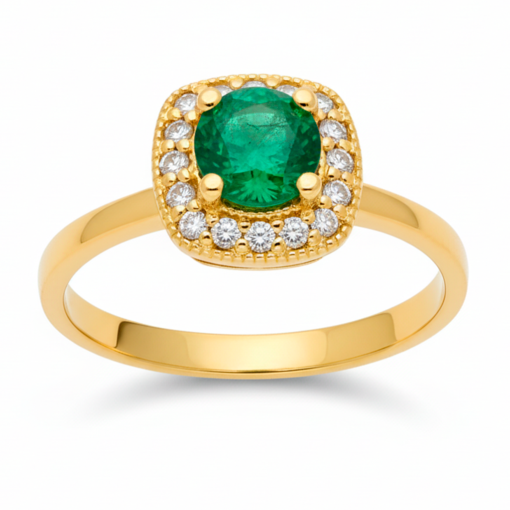 Anillo Isabella Oro 18K con Esmeralda y Orla de Diamantes