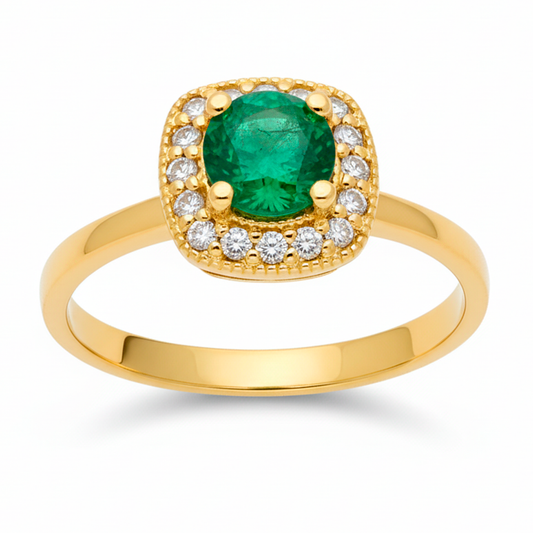 Anillo Isabella Oro 18K con Esmeralda y Orla de Diamantes