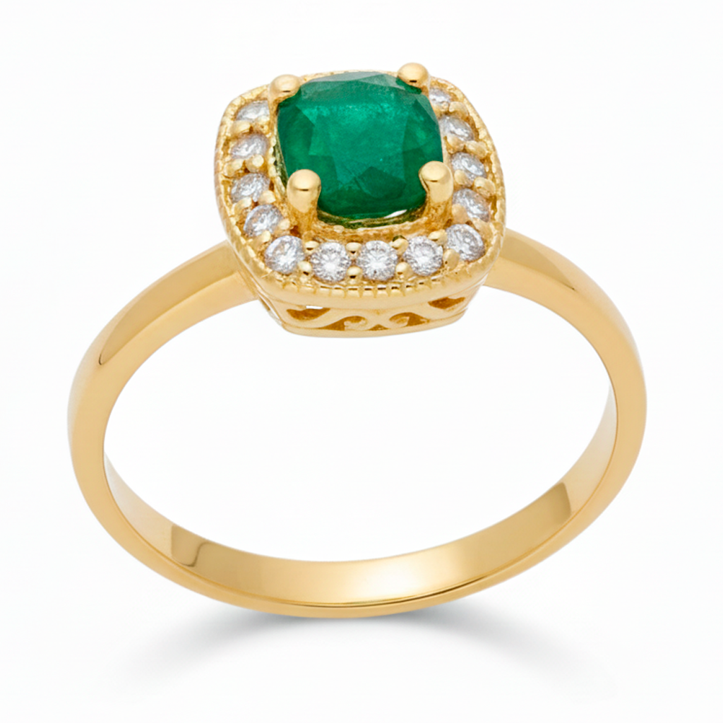 Anillo Isabella Oro 18K con Esmeralda y Orla de Diamantes