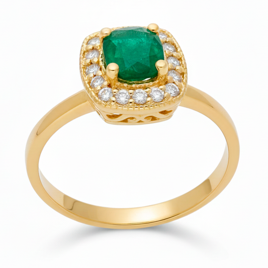 Anillo Isabella Oro 18K con Esmeralda y Orla de Diamantes