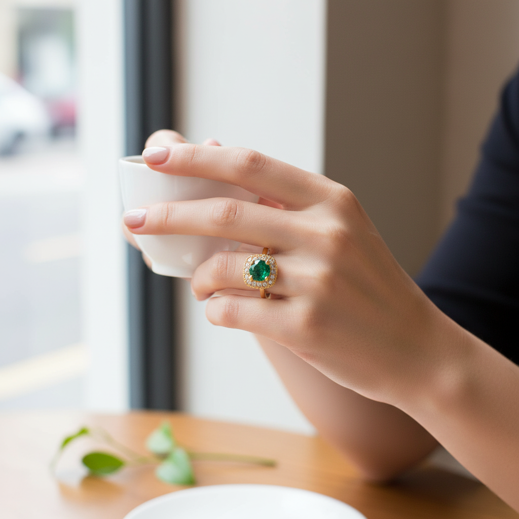 Anillo Isabella Oro 18K con Esmeralda y Orla de Diamantes