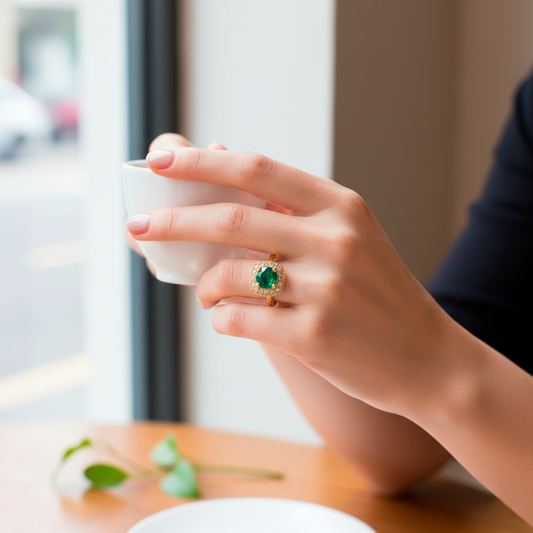 Anillo Isabella Oro 18K con Esmeralda y Orla de Diamantes