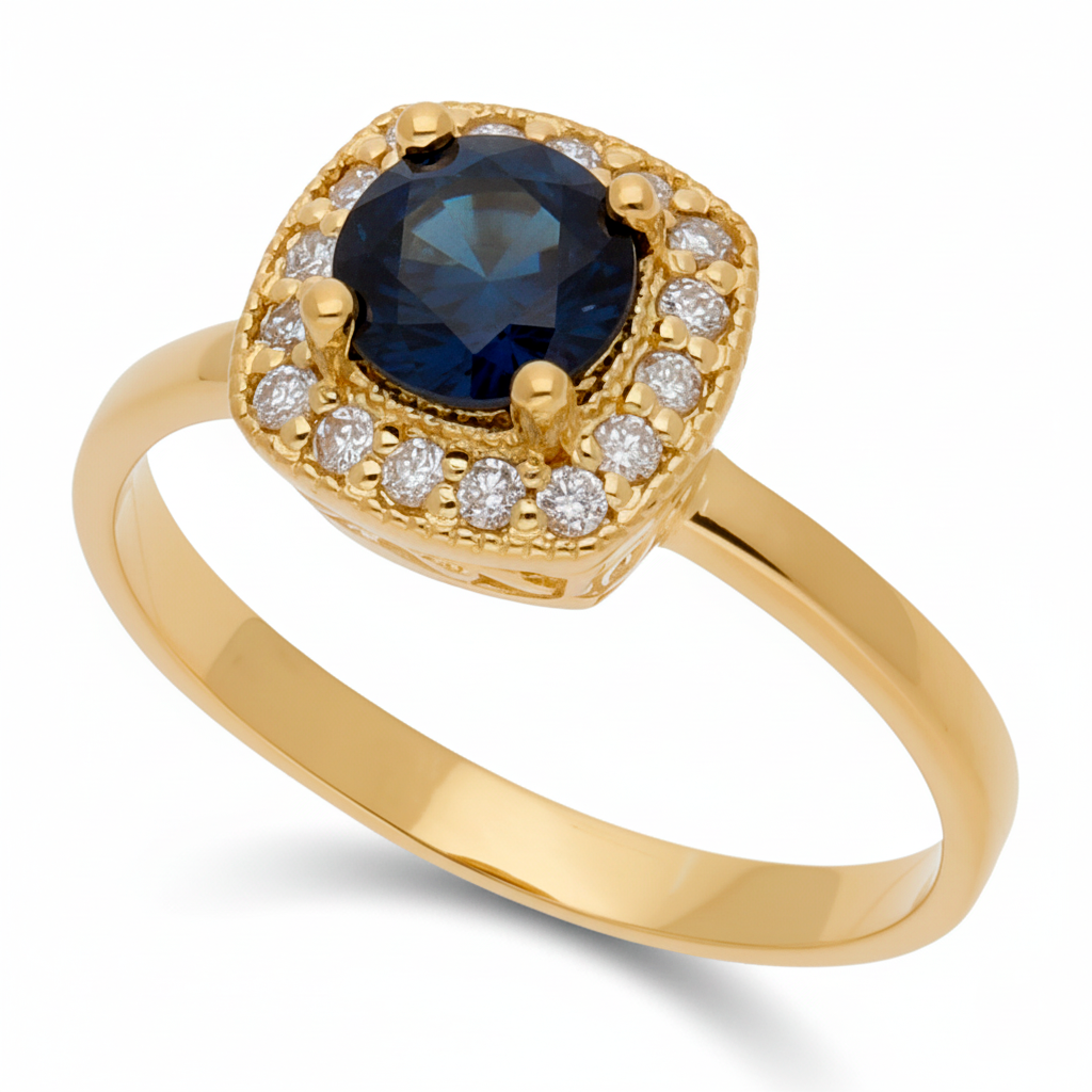 Anillo Isabella Oro 18K con Zafiro y Orla de Diamantes