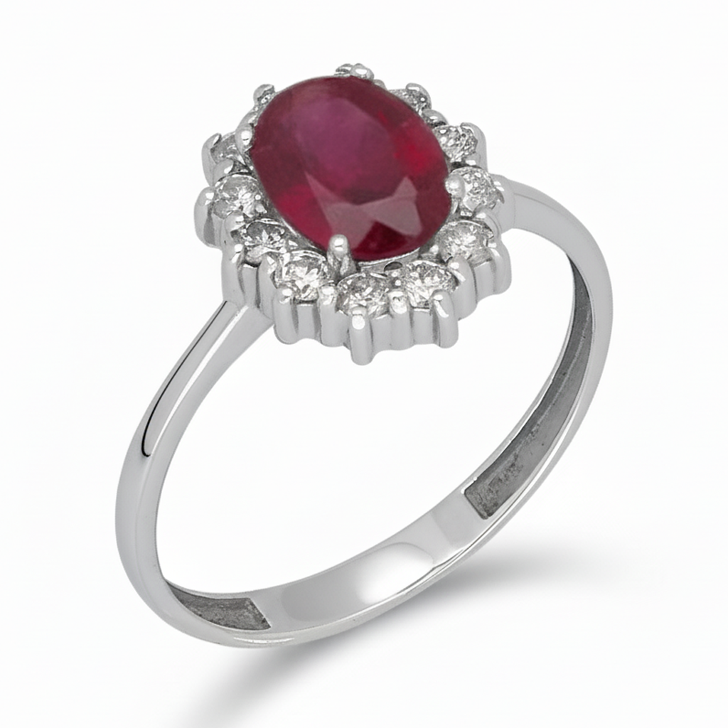 Anillo Lady Di Oro Blanco 18k con Rubí Central y Diamantes