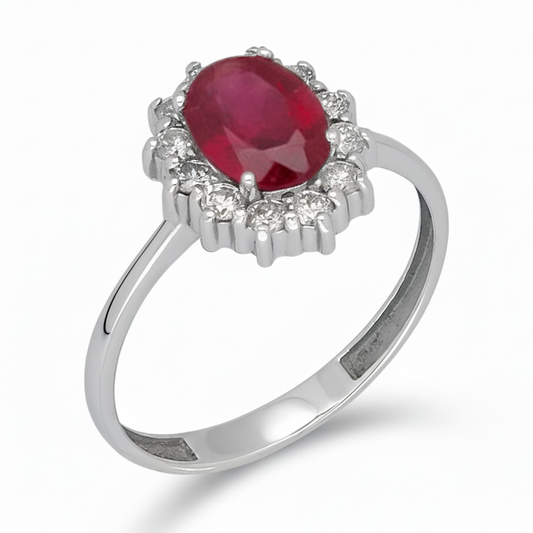 Anillo Lady Di Oro Blanco 18k con Rubí Central y Diamantes