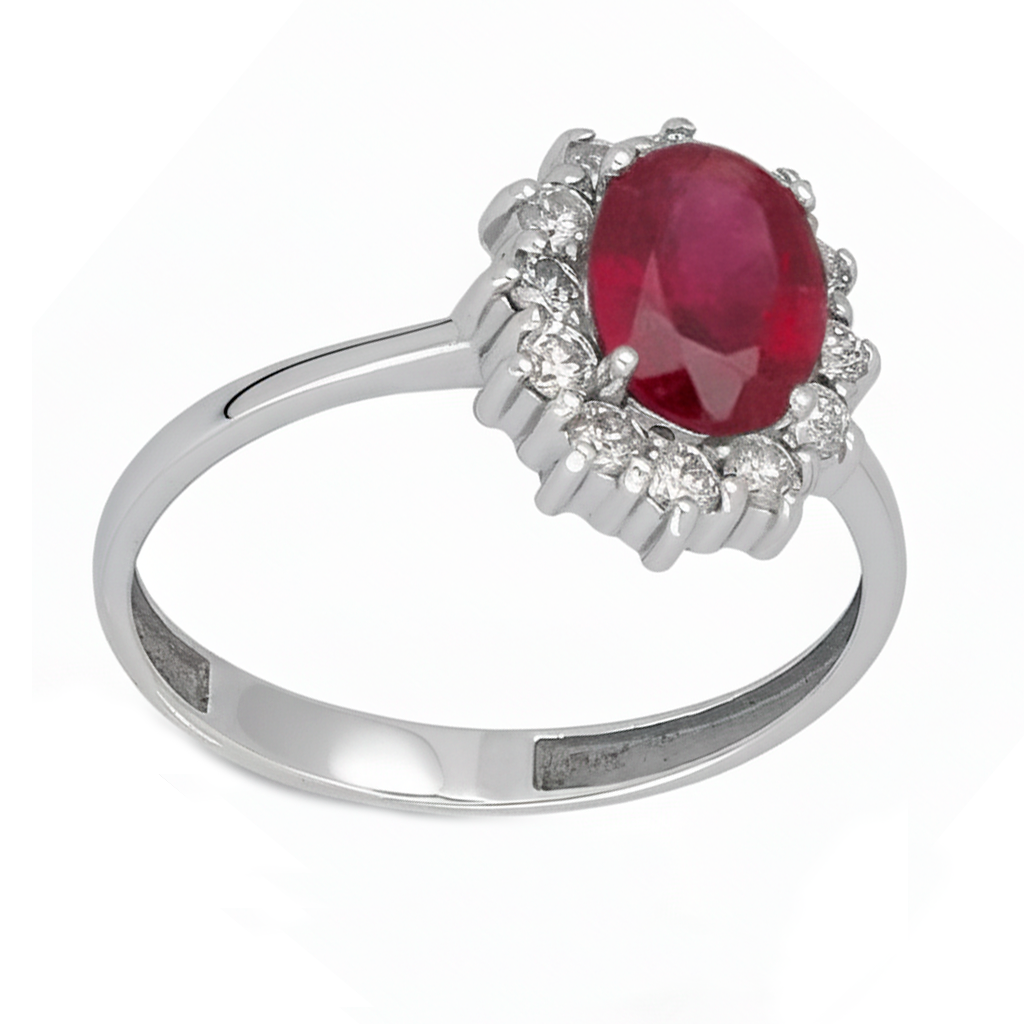 Anillo Lady Di Oro Blanco 18k con Rubí Central y Diamantes