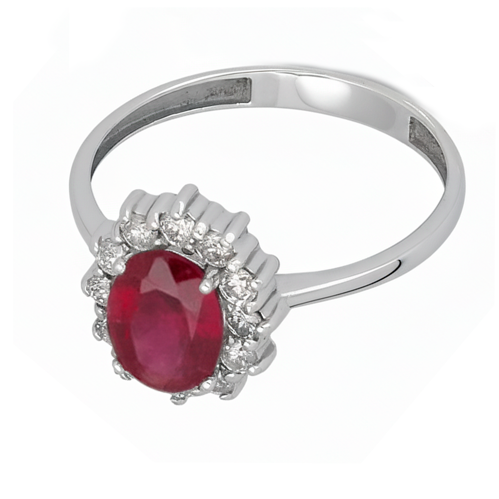 Anillo Lady Di Oro Blanco 18k con Rubí Central y Diamantes