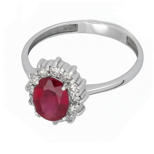 Anillo Lady Di Oro Blanco 18k con Rubí Central y Diamantes