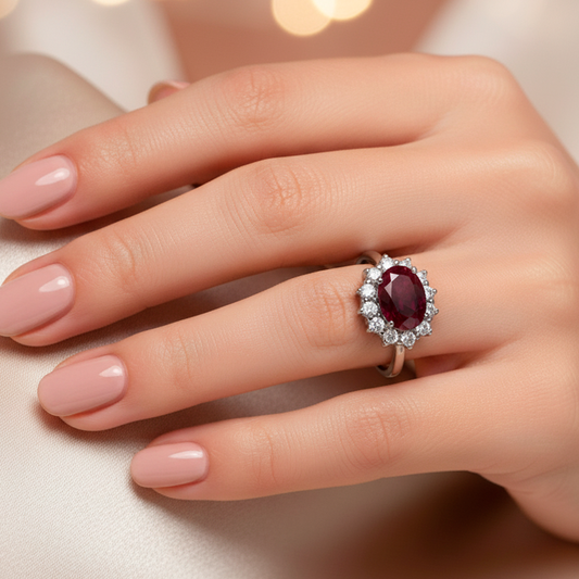 Anillo Lady Di Oro Blanco 18k con Rubí Central y Diamantes