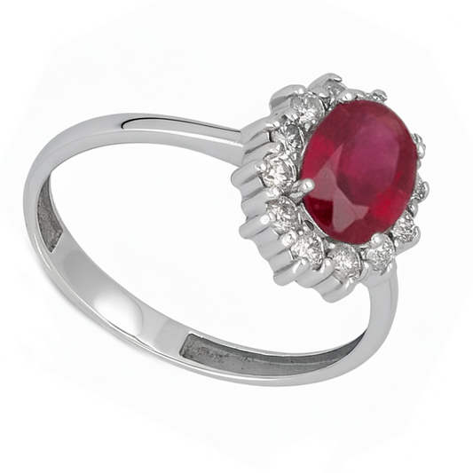 Anillo Lady Di Oro Blanco 18k con Rubí Central y Diamantes
