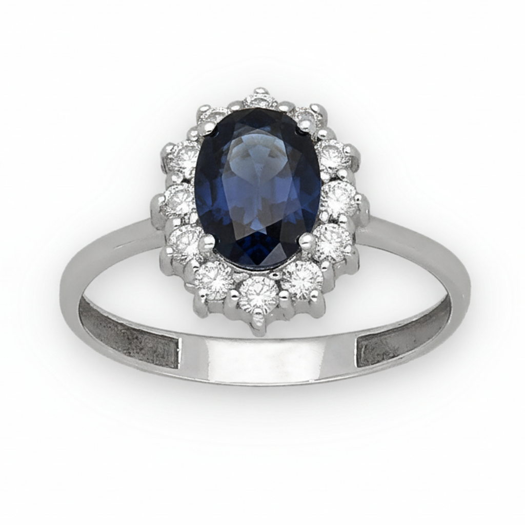 Anillo Lady Di Oro Blanco 18k con Zafiro Central y Diamantes