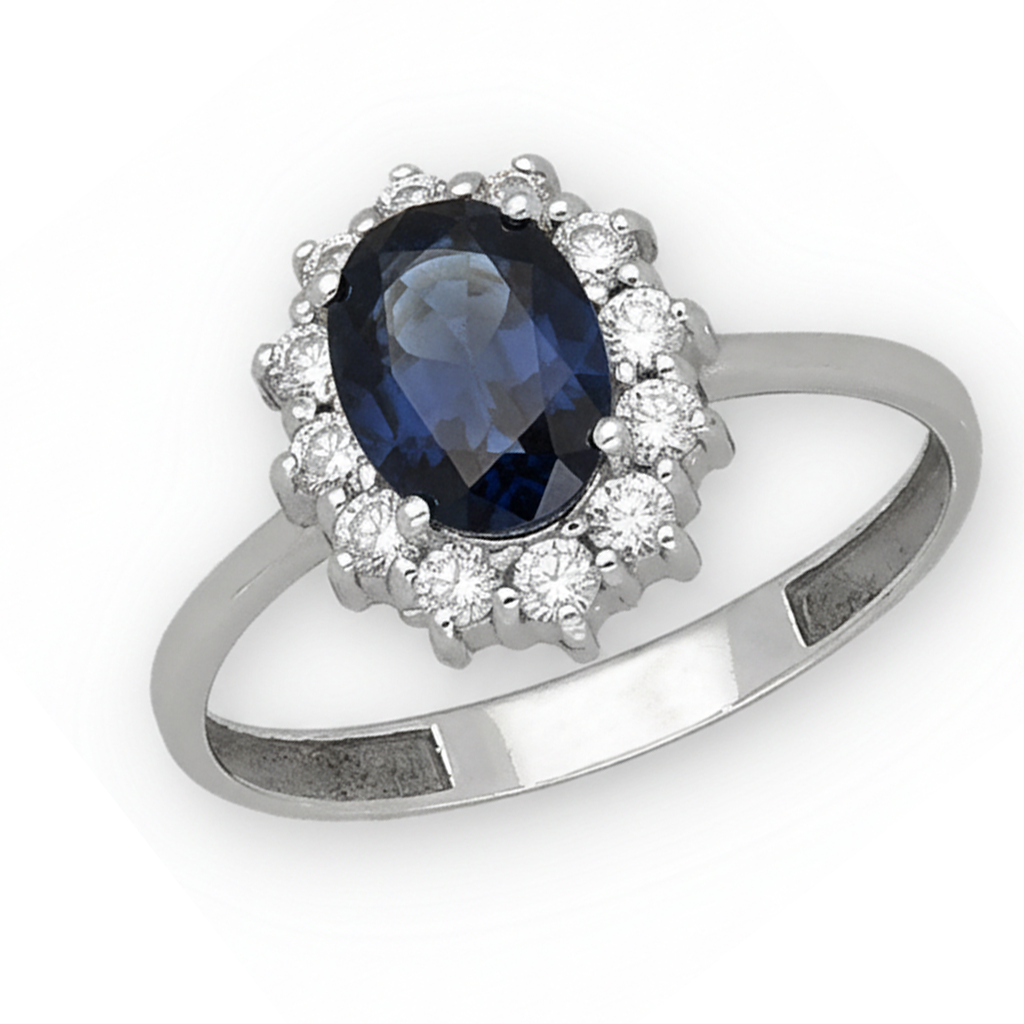 Anillo Lady Di Oro Blanco 18k con Zafiro Central y Diamantes