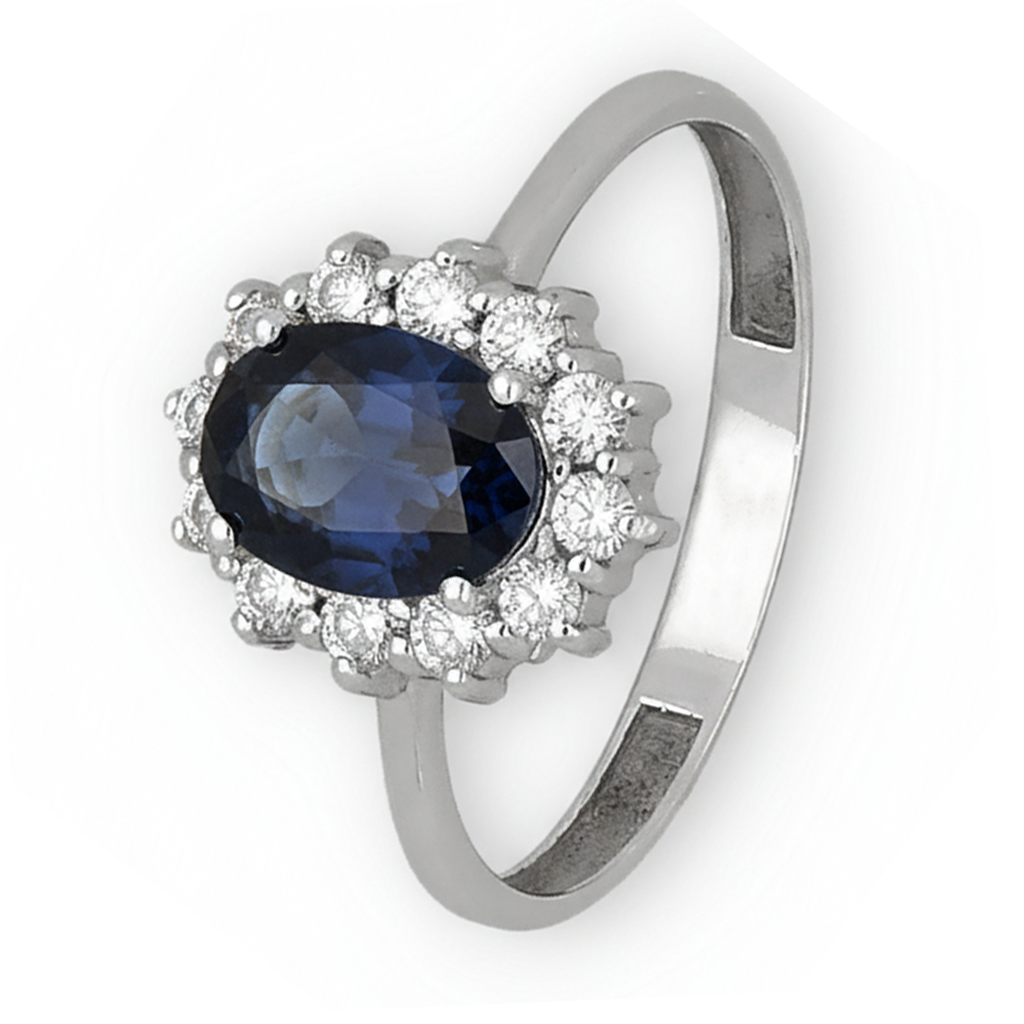 Anillo Lady Di Oro Blanco 18k con Zafiro Central y Diamantes