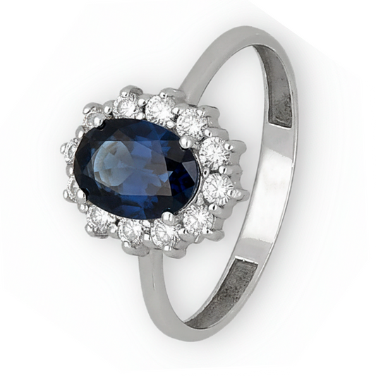Anillo Lady Di Oro Blanco 18k con Zafiro Central y Diamantes