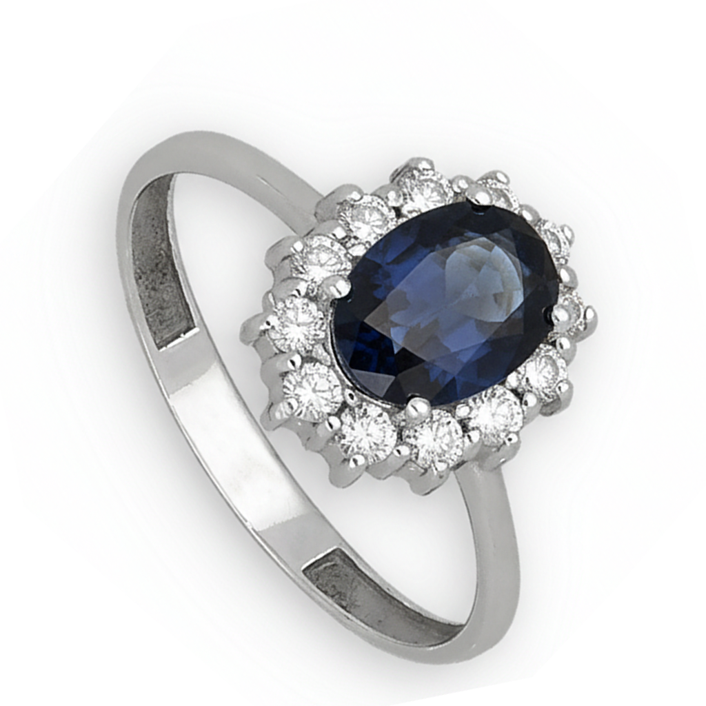 Anillo Lady Di Oro Blanco 18k con Zafiro Central y Diamantes