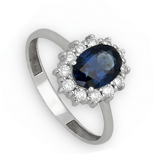 Anillo Lady Di Oro Blanco 18k con Zafiro Central y Diamantes