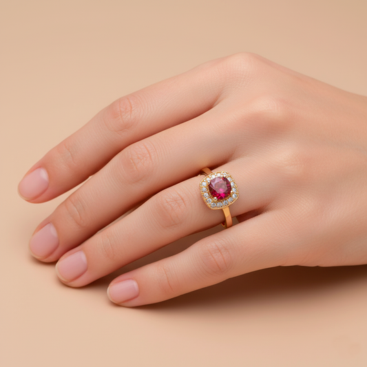 Anillo Isabella Oro 18K con Rubí y Orla de Diamantes