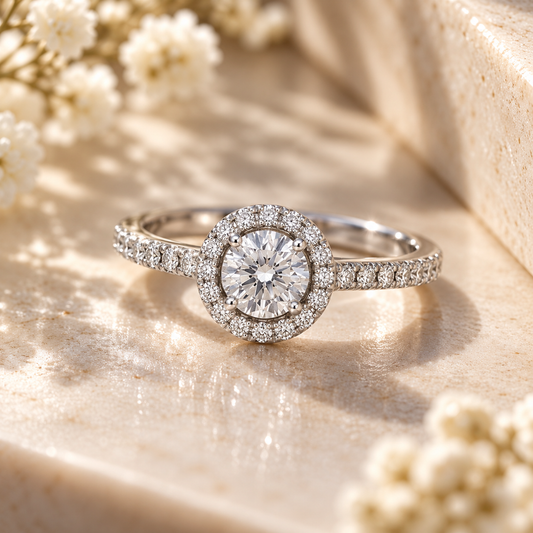 Anillo de Oro Blanco 18k con diamante central natural de 0,40 ct modelo Florencia