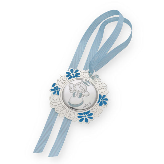 Medalla de Cuna con Angelito Redonda con Baño de Plata con esmaltado Azul Modelo Bastian