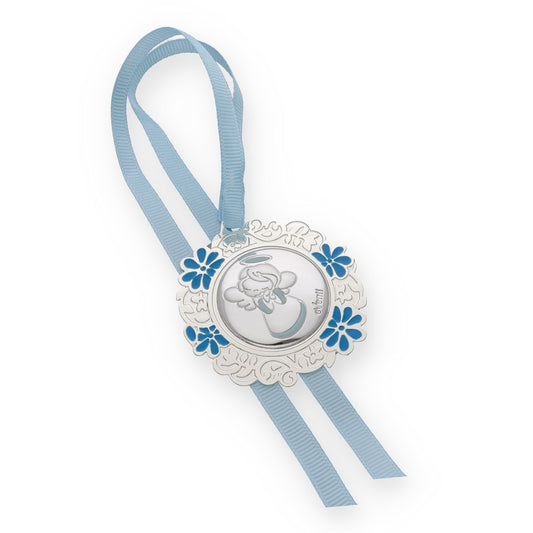 Medalla de Cuna con Angelito Redonda con Baño de Plata con esmaltado Azul Modelo Bastian