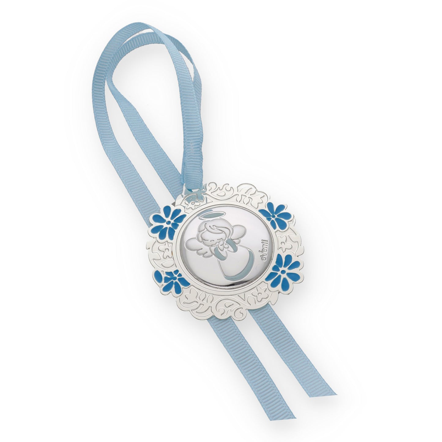 Medalla de Cuna con Angelito Redonda con Baño de Plata con esmaltado Azul Modelo Bastian