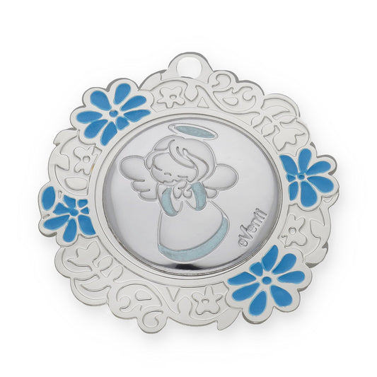 Medalla de Cuna con Angelito Redonda con Baño de Plata con esmaltado Azul Modelo Bastian