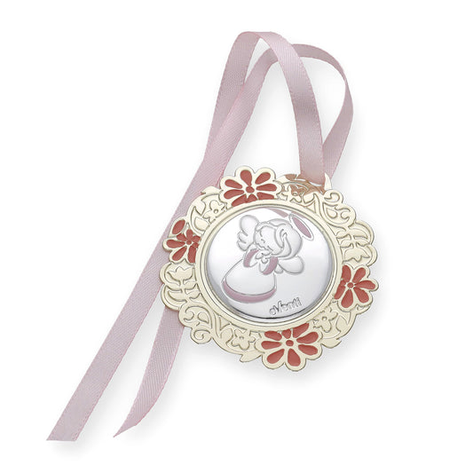 Medalla de Cuna con Angelito Redonda con Baño de Plata con esmaltado Rosa Modelo Bastian