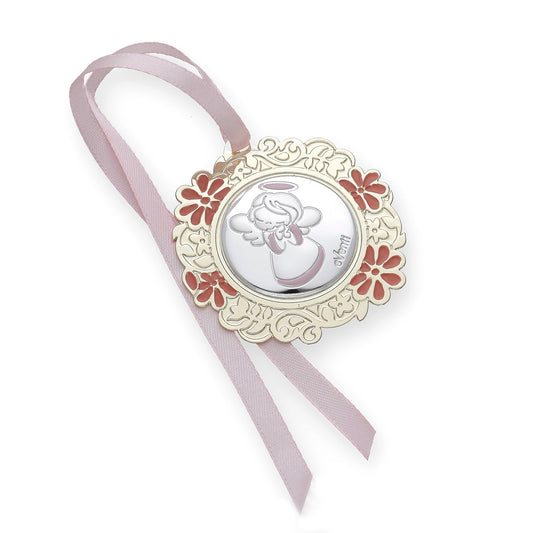 Medalla de Cuna con Angelito Redonda con Baño de Plata con esmaltado Rosa Modelo Bastian