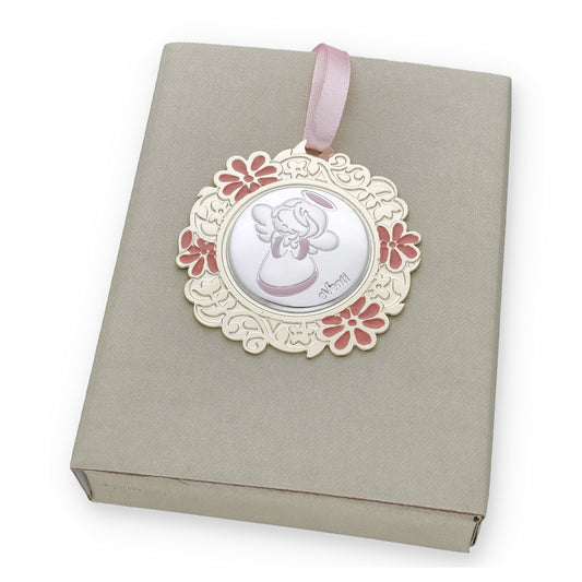 Medalla de Cuna con Angelito Redonda con Baño de Plata con esmaltado Rosa Modelo Bastian