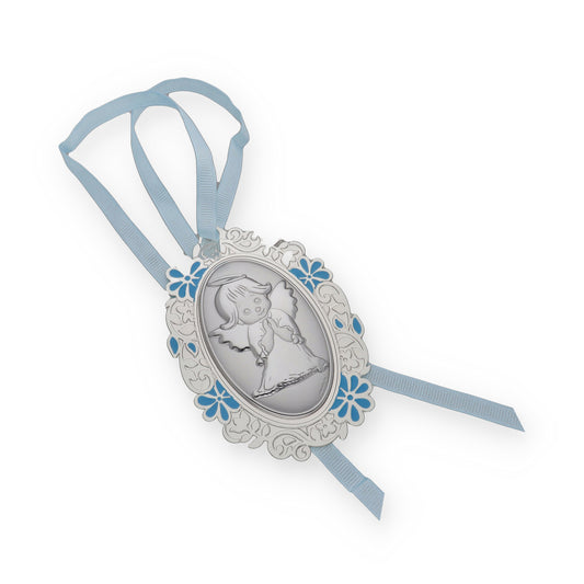 Medalla de Cuna con Angelito Oval con Baño de Plata con esmaltado Azul Modelo Bastian