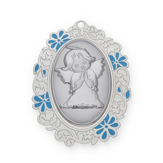 Medalla de Cuna con Angelito Oval con Baño de Plata con esmaltado Azul Modelo Bastian
