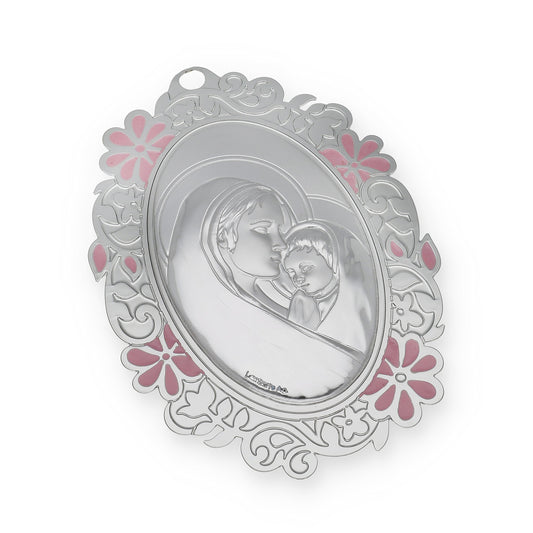 Medalla de Cuna con Virgen con Niño en Oval con Baño de Plata con esmaltado Rosa Modelo Bastian