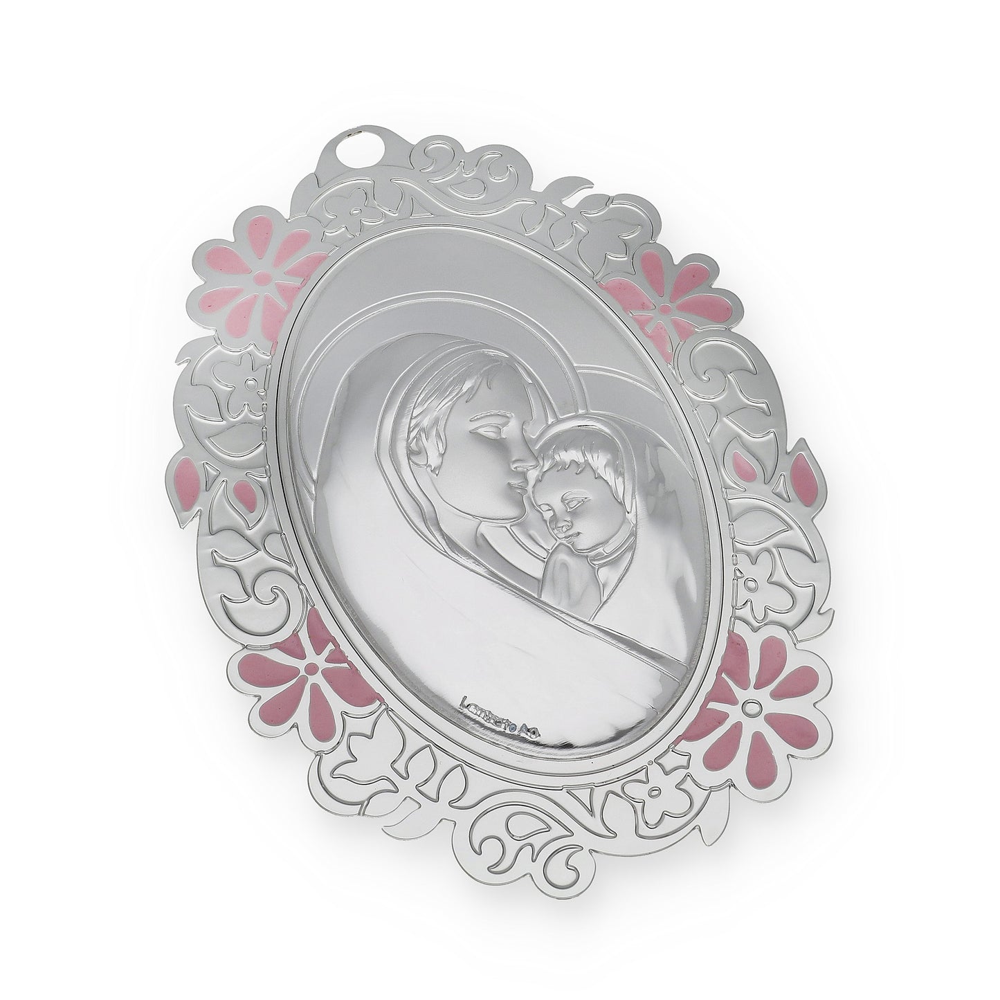 Medalla de Cuna con Virgen con Niño en Oval con Baño de Plata con esmaltado Rosa Modelo Bastian