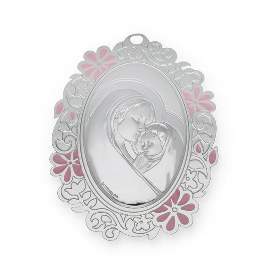 Medalla de Cuna con Virgen con Niño en Oval con Baño de Plata con esmaltado Rosa Modelo Bastian