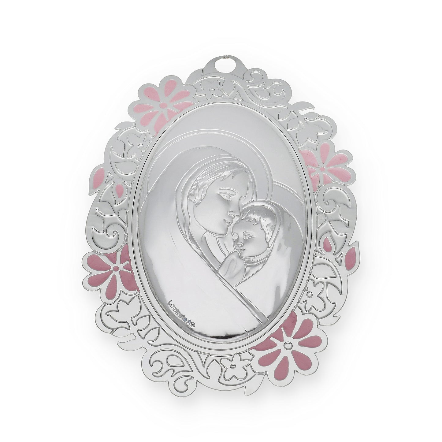 Medalla de Cuna con Virgen con Niño en Oval con Baño de Plata con esmaltado Rosa Modelo Bastian