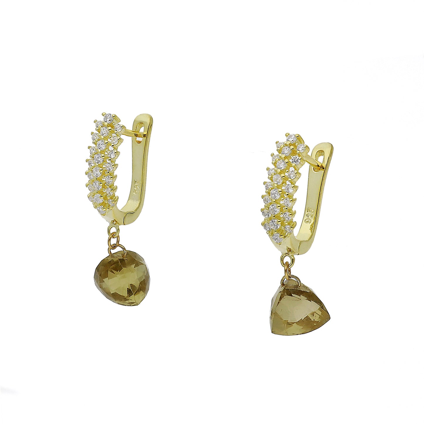 Pendientes de Medio Aro en Plata de Ley 925 Bañado en Oro 18K con Circonitas y Cuarzo Fumé