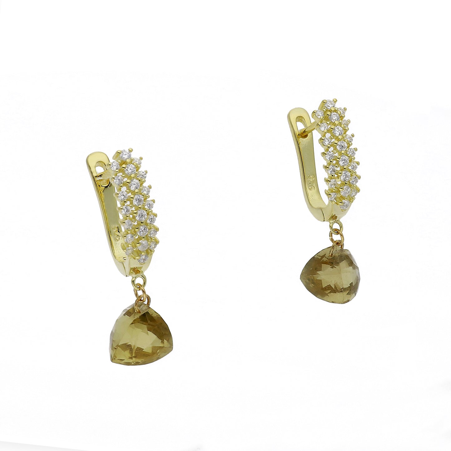 Pendientes de Medio Aro en Plata de Ley 925 Bañado en Oro 18K con Circonitas y Cuarzo Fumé