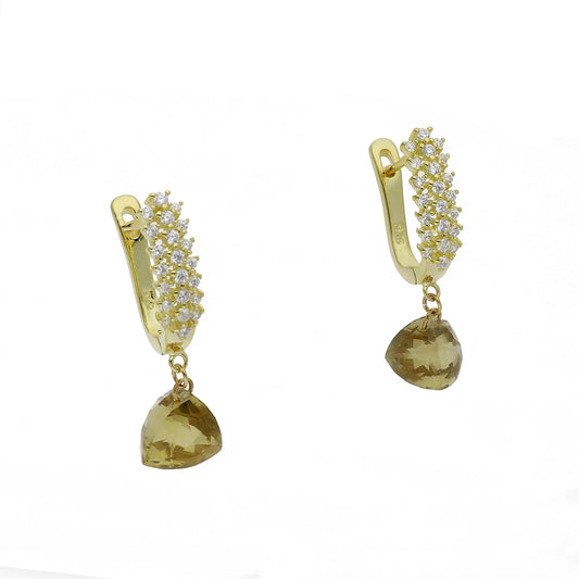 Pendientes de Medio Aro en Plata de Ley 925 Bañado en Oro 18K con Circonitas y Cuarzo Fumé