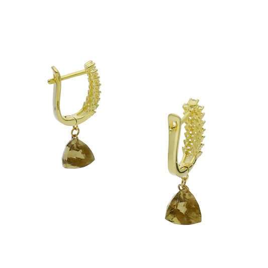 Pendientes de Medio Aro en Plata de Ley 925 Bañado en Oro 18K con Circonitas y Cuarzo Fumé