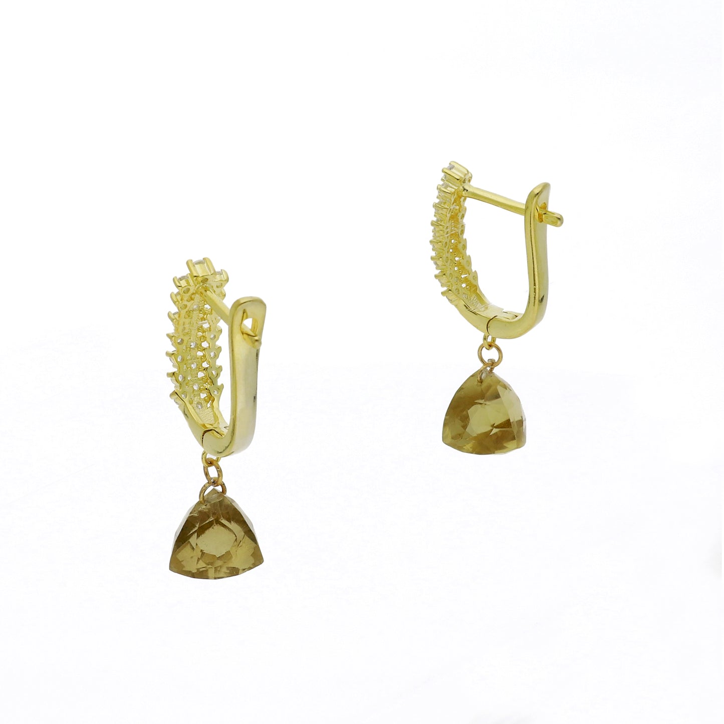 Pendientes de Medio Aro en Plata de Ley 925 Bañado en Oro 18K con Circonitas y Cuarzo Fumé