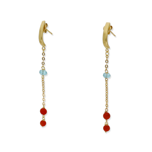 Pendientes Nexus en Oro de Ley 18K con Cadena de Topacio Azul y Corales