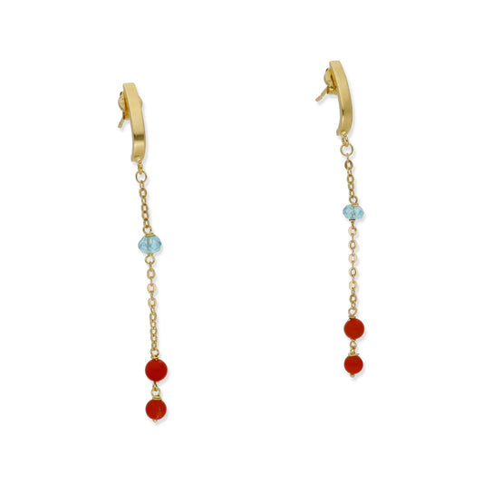 Pendientes Nexus en Oro de Ley 18K con Cadena de Topacio Azul y Corales