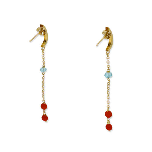 Pendientes Nexus en Oro de Ley 18K con Cadena de Topacio Azul y Corales