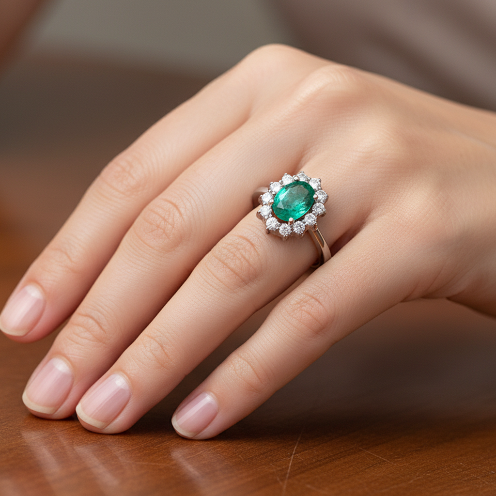 Anillo Lady Di Oro Blanco 18k con Esmeralda Central y Diamantes