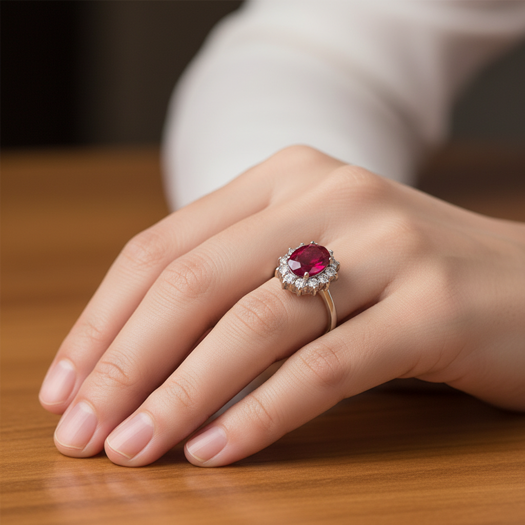 Anillo Lady Di Oro Blanco 18k con Rubí Central y Diamantes