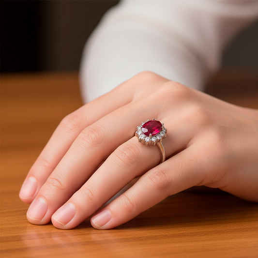 Anillo Lady Di Oro Blanco 18k con Rubí Central y Diamantes