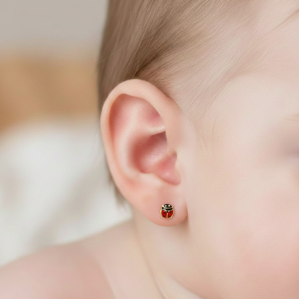 Pendientes Bebé Mariquita Esmaltada Pequeña de Oro 18K