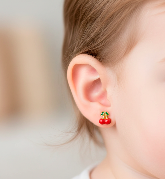 Pendientes Bebé Cereza Esmaltada de Oro 18K