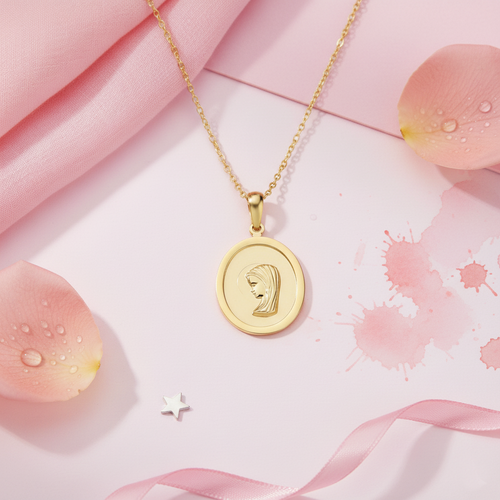 Medalla Virgen Niña Ovalada Primera Comunión de Oro 18K